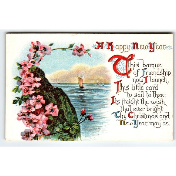 Vintage 1907-1915 New Year Lithograph Postcard Pink Blossoms & Sailing Boats - Picture 1 of 2